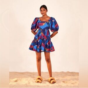 Farm Rio Blue Multicolor Puff Sleeve Mini Macaw Tropical  Dress EUC XS